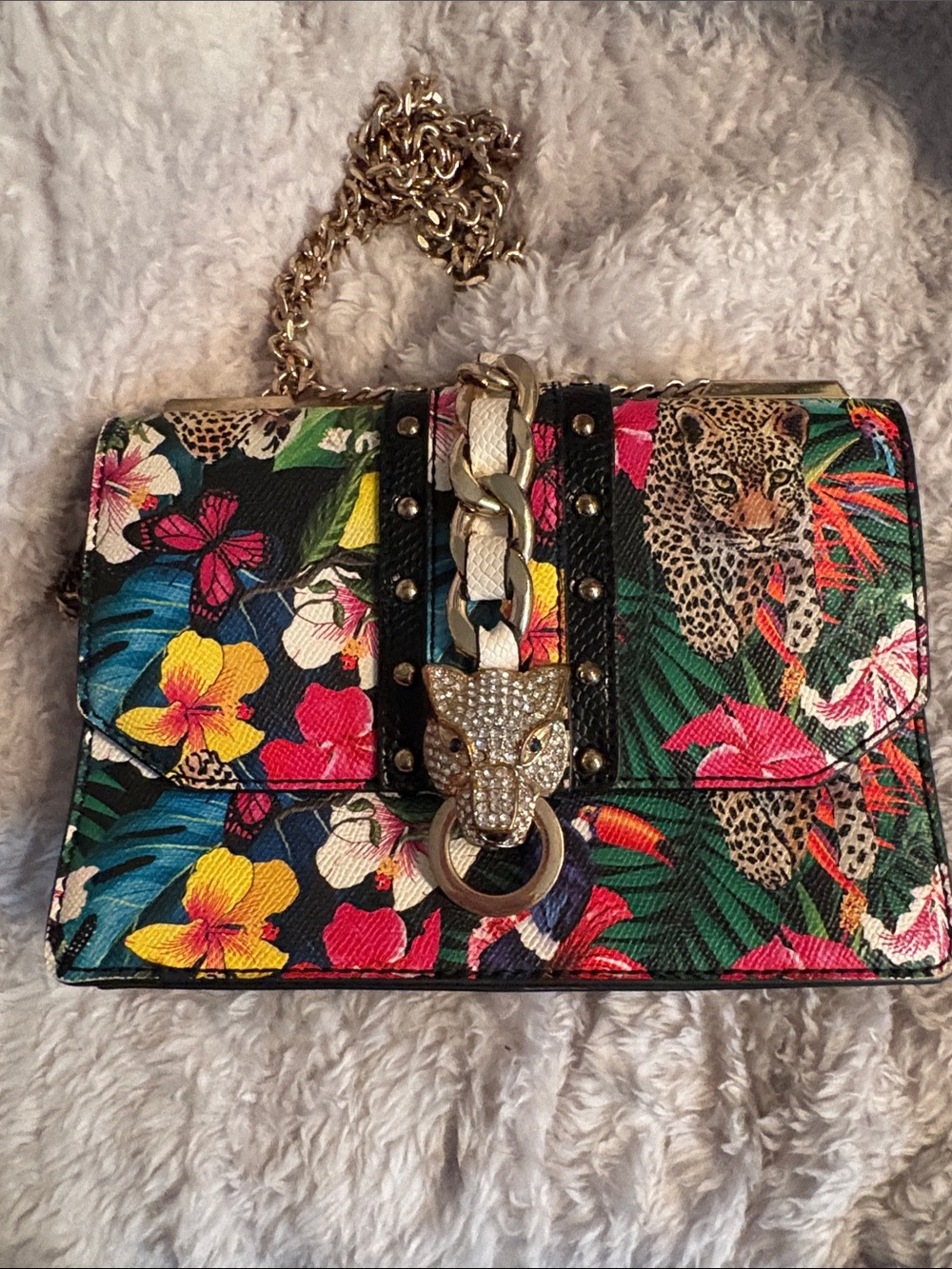 Aldo Multicolor Floral & Leopard Chain Crossbody Bag